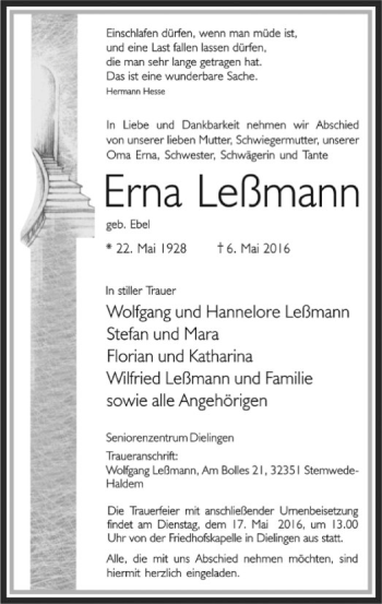 Traueranzeige von Erna Leßmann von SYK