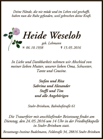 Traueranzeige von Heide Weseloh von SYK