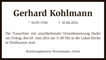 Traueranzeige von Gerhard Kohlmann von SYK