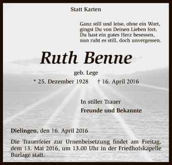 Traueranzeige von Ruth Benne von SYK