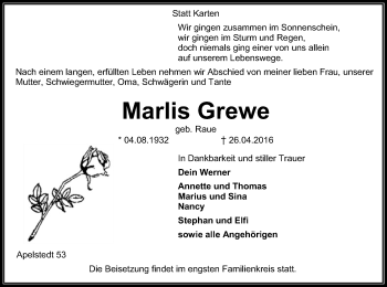 Traueranzeige von Marlis Grewe von SYK