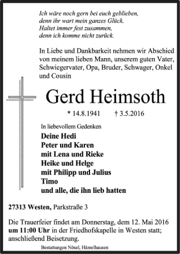 Traueranzeige von Gerd Heimsoth von SYK