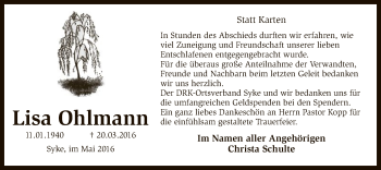 Traueranzeige von Lisa Ohlmann