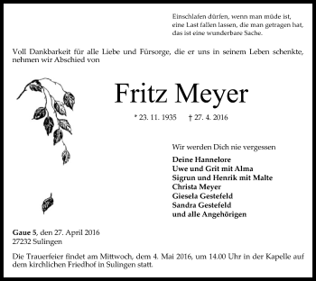 Traueranzeige von Fritz Meyer von SYK