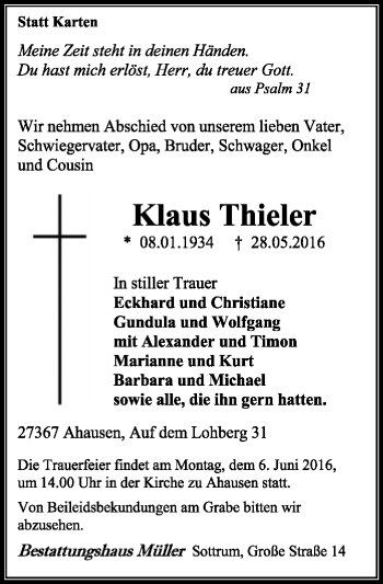 Traueranzeige von Klaus Thieler von SYK