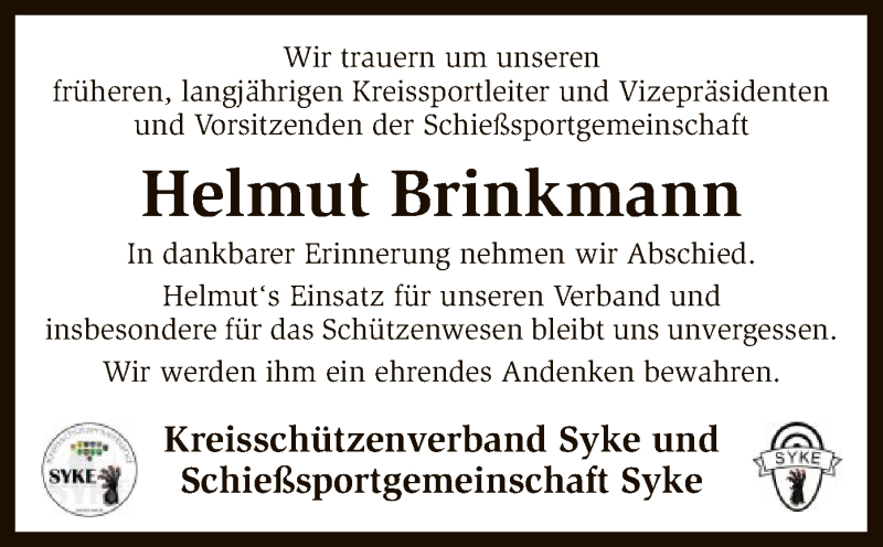  Traueranzeige für Helmut Brinkmann vom 20.05.2016 aus SYK