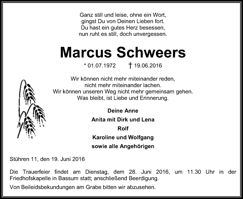  Traueranzeige für Marcus Schweers vom 23.06.2016 aus SYK