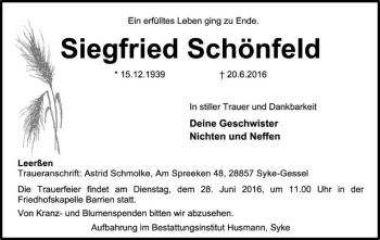 Traueranzeige von Siegfried Schönfeld von SYK