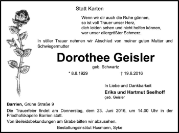 Traueranzeige von Dorothee Geisler