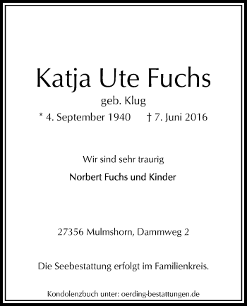 Traueranzeige von Katja Ute Fuchs von SYK