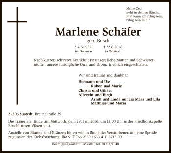 Traueranzeige von Marlene Schäfer von SYK