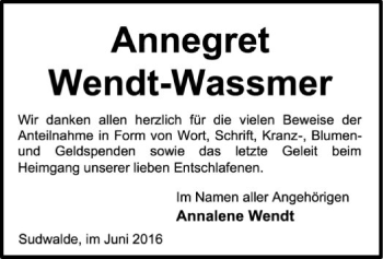 Traueranzeige von Annegret Wendt-Wassmer