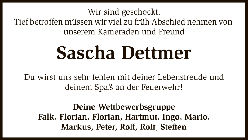  Traueranzeige für Sascha Dettmer vom 16.06.2016 aus SYK