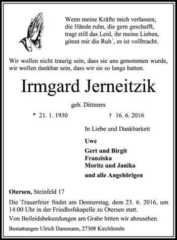 Traueranzeige von Irmgard Jerneitzik von SYK