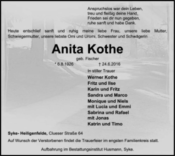 Traueranzeige von Anita Kothe