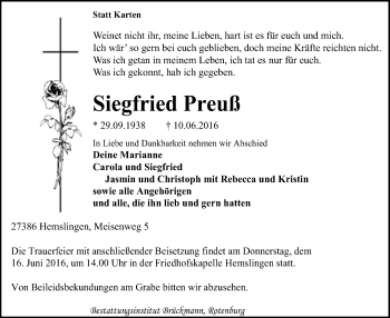 Traueranzeige von Siegfried Preuß von SYK