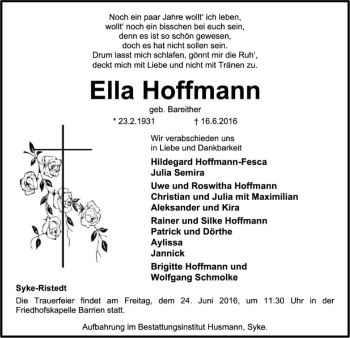 Traueranzeige von Ella Hoffmann