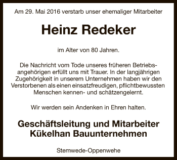 Traueranzeige von Heinz Redeker von SYK