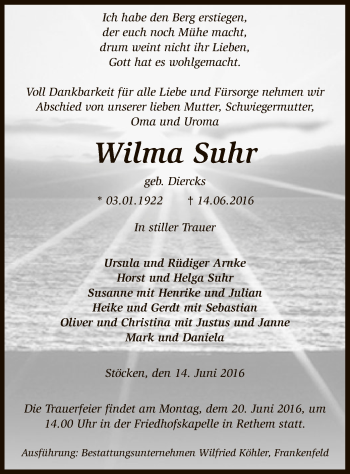 Traueranzeige von Wilma Suhr von SYK