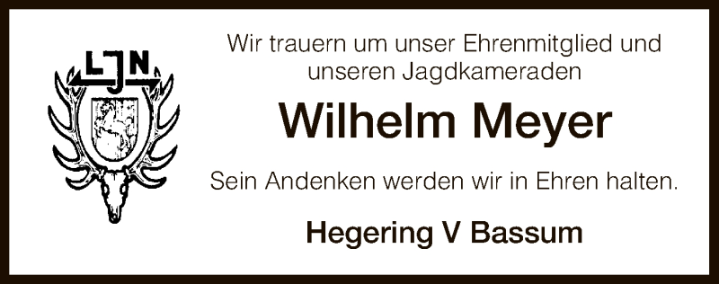  Traueranzeige für Wilhelm Meyer vom 09.06.2016 aus SYK