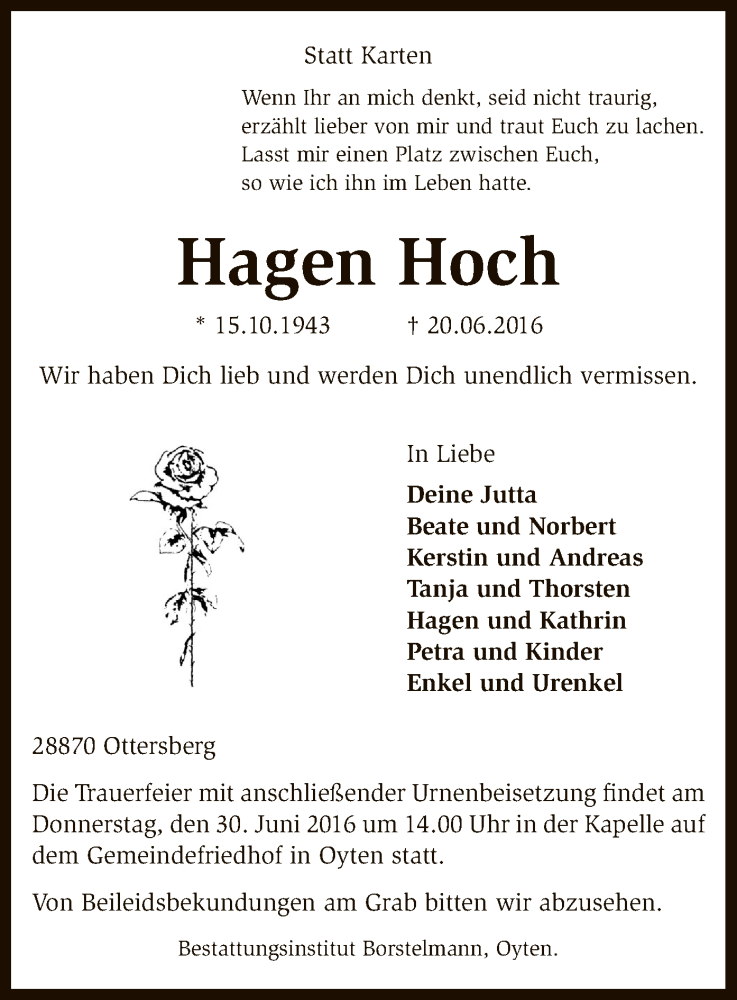  Traueranzeige für Hagen Hoch vom 23.06.2016 aus SYK