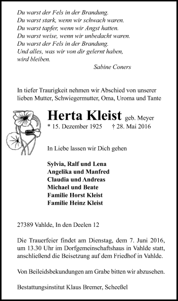 Traueranzeige von Herta Kleist von SYK