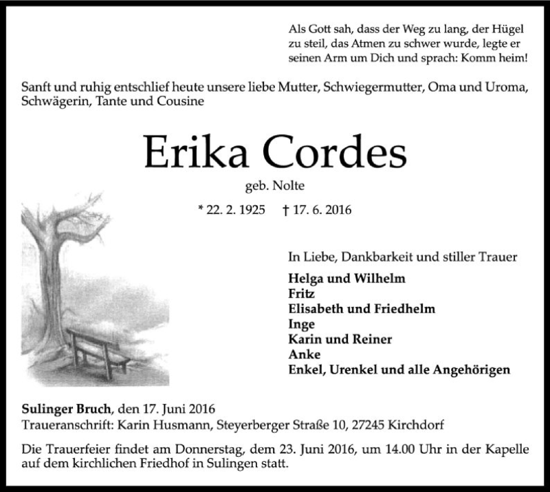  Traueranzeige für Erika Cordes vom 20.06.2016 aus SYK