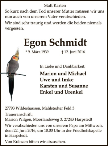 Traueranzeige von Egon Schmidt von SYK