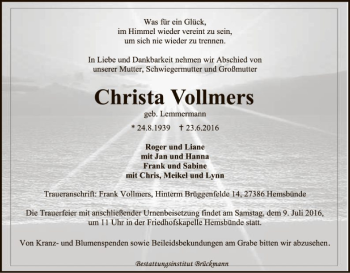 Traueranzeige von Christa Vollmers von SYK