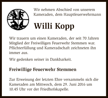 Traueranzeige von Willi Kopp von SYK