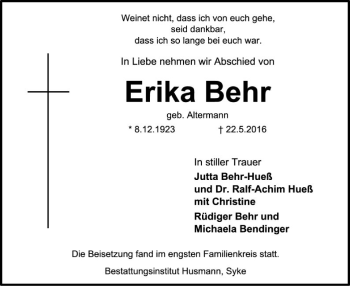 Traueranzeige von Erika Behr