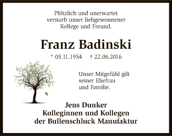 Traueranzeige von Franz Badinski von SYK