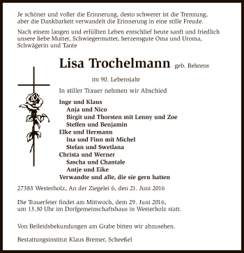 Traueranzeige von Lisa Trochelmann von SYK