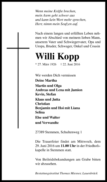 Traueranzeige von Willi Kopp von SYK