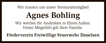 Traueranzeige von Agnes Bohling von SYK