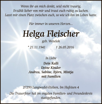 Traueranzeige von Helga Fleischer von SYK