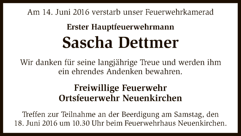  Traueranzeige für Sascha Dettmer vom 16.06.2016 aus SYK