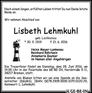 Traueranzeige von Lisbeth Lehmkuhl von SYK