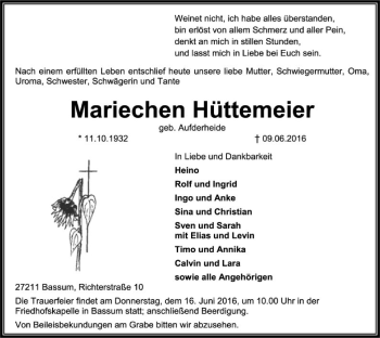 Traueranzeige von Mariechen Hüttemeier von SYK