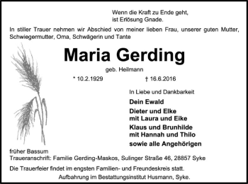 Traueranzeige von Maria Gerding von SYK