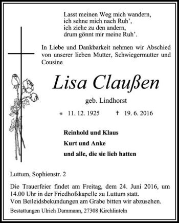 Traueranzeige von Lisa Claußen von SYK