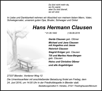 Traueranzeige von Hans Hermann Clausen von SYK