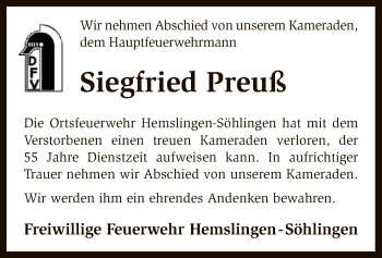 Traueranzeige von Siegfried Preuß von SYK