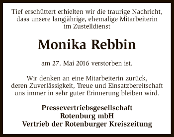 Traueranzeige von Monika Rebbin von SYK
