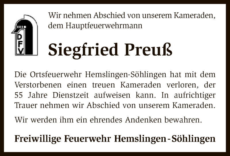  Traueranzeige für Siegfried Preuß vom 14.06.2016 aus SYK