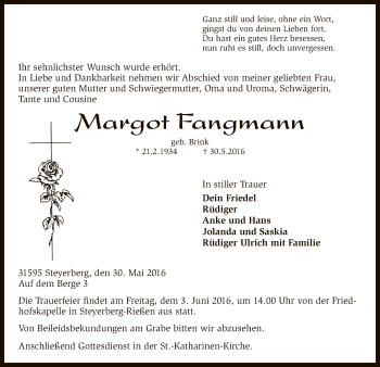 Traueranzeige von Margot Fangmann von SYK