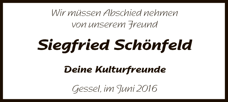  Traueranzeige für Siegfried Schönfeld vom 24.06.2016 aus SYK