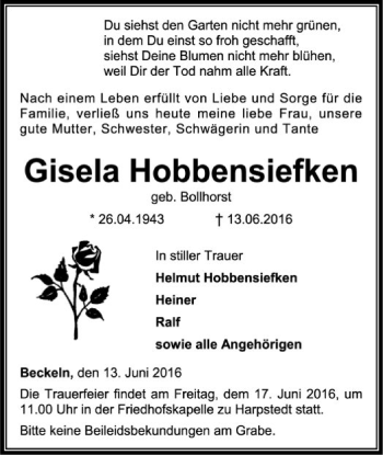 Traueranzeige von Gisela Hobbensiefken von SYK