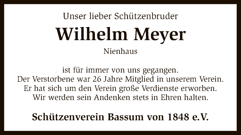  Traueranzeige für Wilhelm Meyer vom 08.06.2016 aus SYK