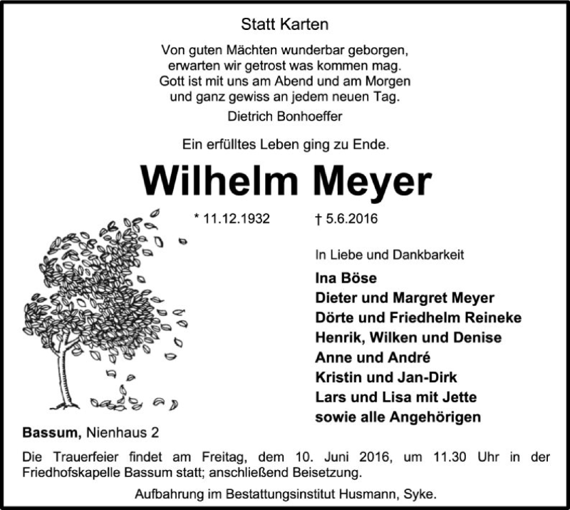  Traueranzeige für Wilhelm Meyer vom 08.06.2016 aus SYK